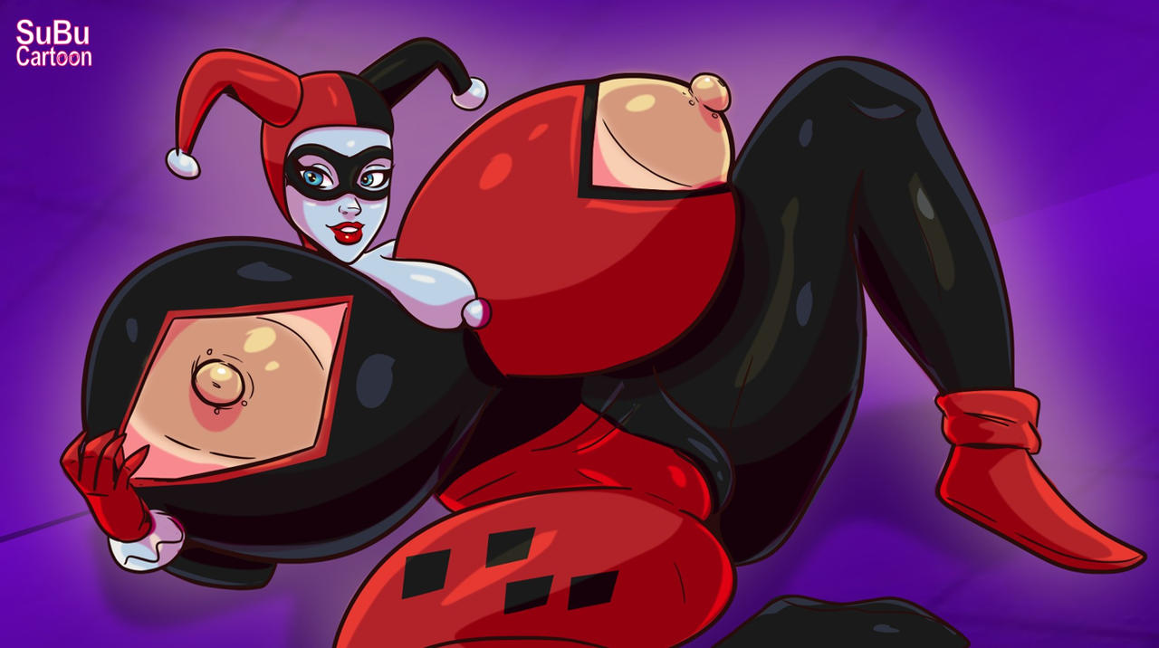 1girls, 2d, artist name, batman (series), batman: the animated series, blue eyes, bodysuit, boots, breasts, breasts bigger than head, cameltoe, color, costume, dc animated universe, dc comics, female, female only, full color, giant breasts, harley quinn, harley quinn (classic), harley quinn (dcau), huge breasts, large nipples, lipstick, makeup, massive breasts, nipple cutout, nipple piercing, nipples, pattern background, piercing, red lipstick, simple background, solo, solo female, spread legs, stud piercing, superbustycartoon, thick, thick thighs, thighs, villain, villainess, white face, white facepaint