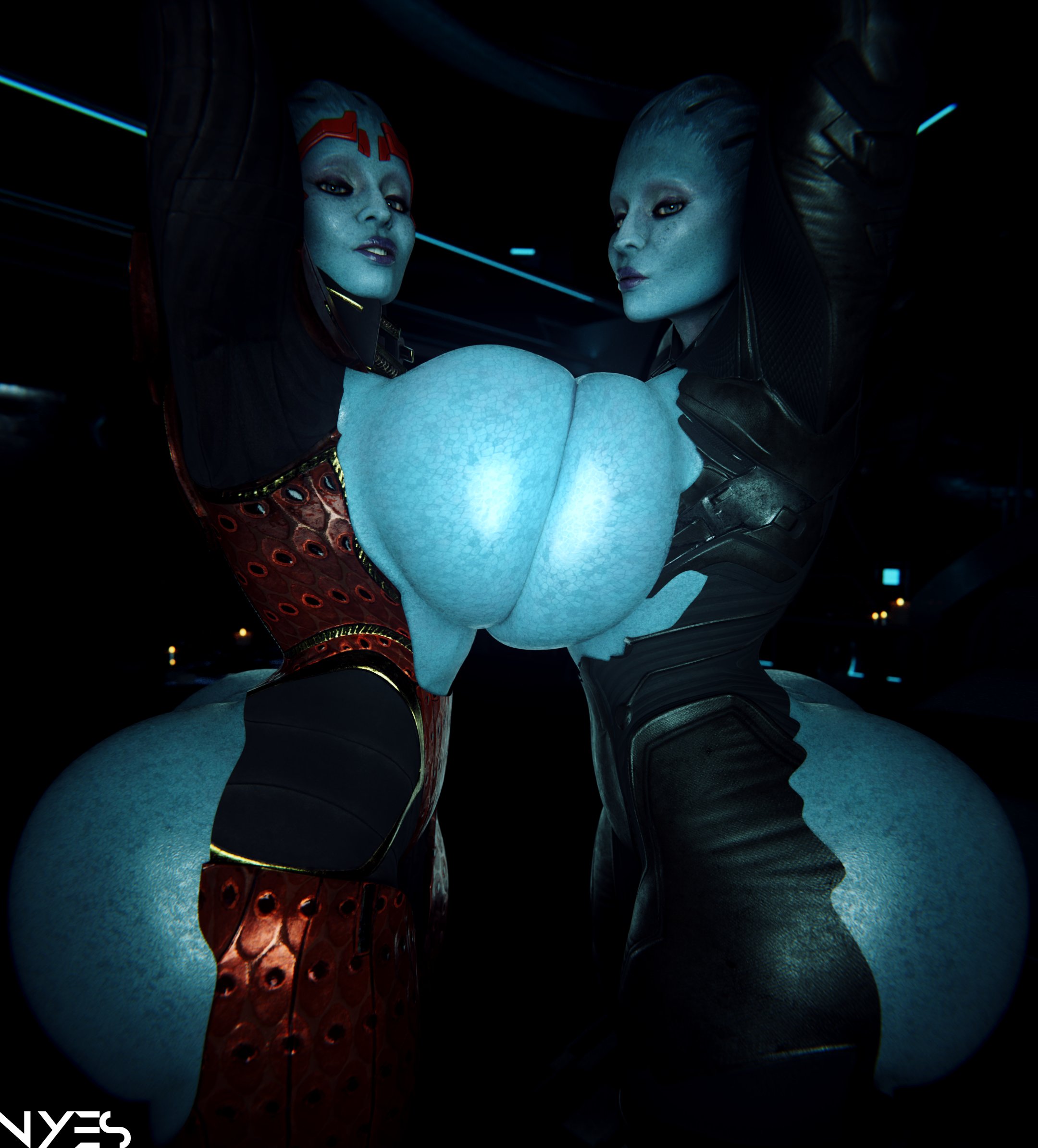 2girls, 3d, 3d (artwork), alien, alien girl, alien humanoid, artist logo, asari, ass cutout, bioware, bodysuit, boob squish, breast to breast, cleavage cutout, daughter, extreme proportions, female, female focus, female only, incest, latex, latex bodysuit, latex clothing, latex skinsuit, looking at viewer, mass effect, morinth, mother, mother and child, mother and daughter, multiple girls, nyes117, samara, science fiction, skinsuit, tentacle hair, torn bodysuit, torn clothes, torn clothing, torn skinsuit, watermark