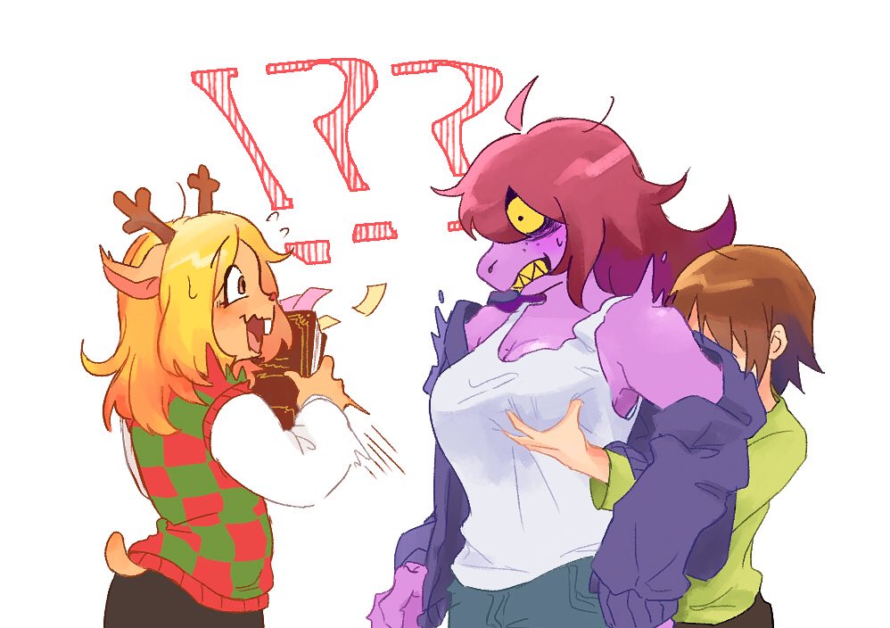 ambiguous gender, anthro, background, body, breast grab, breasts, clothing, cuckelle, deer, deltarune, female, grab, group, hand, human, interrobang, kris (deltarune), mammal, new world deer, noelle holiday, on, purple, reptile, scalie, shirt, simple, skin, surprised, susie (deltarune), tank, top, topwear, twitter link, undertale (series), white