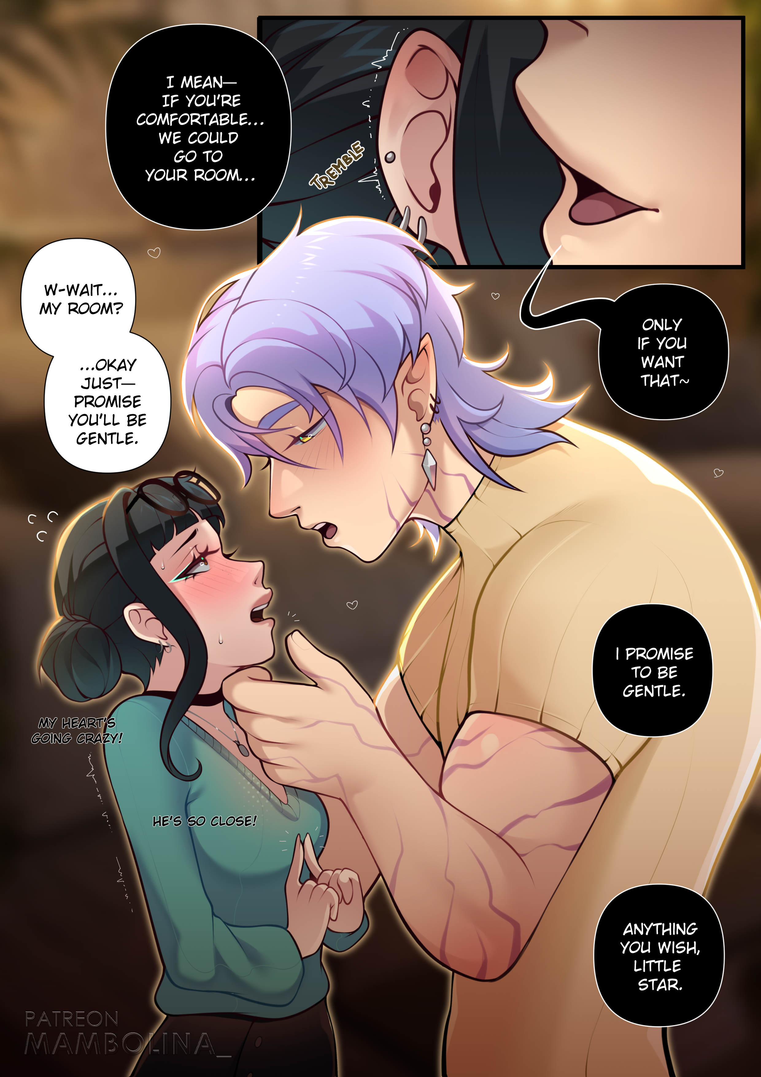 1boy, 1girls, 2d, bangs, black hair, blouse, blush, body markings, demon, demon boy, dialogue, duo, duo focus, ear piercing, earrings, english text, female, glasses, glasses on head, hair, hair bun, hi res, jewelry, kpop demon hunters, lavender hair, male, mambolina, mystery (kpop demon hunters), necklace, open mouth, patreon, patreon username, romantic, saja boys, shirt, size difference, sweat, sweatdrop, tagme, text, trembling, watermark, whispering, whispering into ear, zoey (kpop demon hunters)