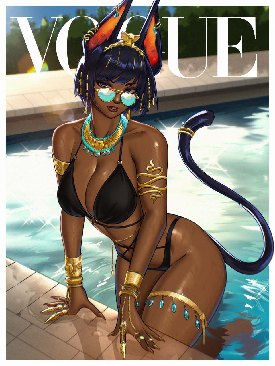 1girls, aviator sunglasses, big breasts, bikini, black bikini, black hair, blunt bangs, breasts, cleavage, dark skin, dark-skinned female, earclip, elizabeth (skullworms), fake magazine cover, female, gold jewelry, jackal ears, jackal humanoid, jackal tail, jewelry, large breasts, looking over eyewear, looking over sunglasses, magazine cover, o-ring bikini, original, pool, poolside, red lipstick, short hair, skullworms, solo, sunglasses, tail, tail ring, thighlet, thighs, tiara, tinted eyewear, vogue (magazine), water, wet