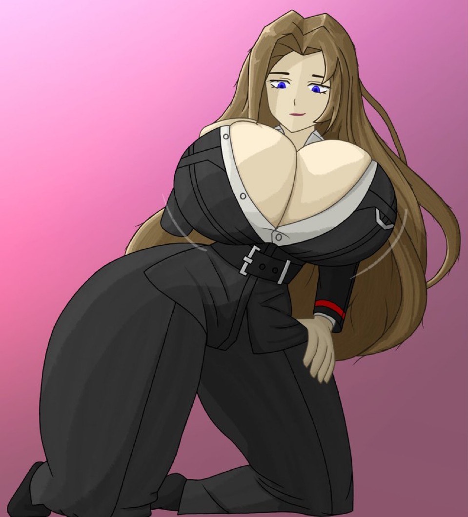 artist request, big breasts, blue eyes, breast expansion, breasts, brown hair, button pop, decodec, huge breasts, limbus company, long hair, looking at own breasts, looking down, project moon, rodion (limbus company), tall female