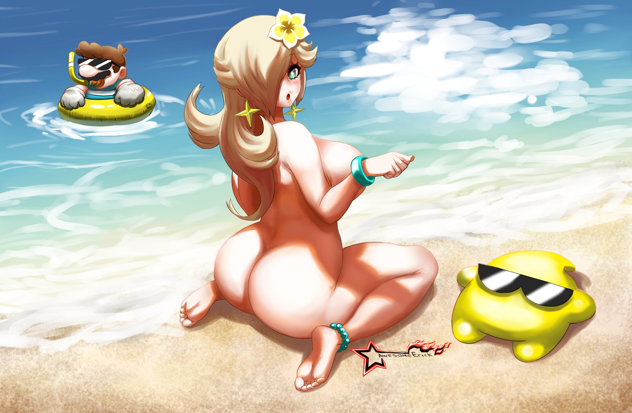 1boy, 1girls, anklet, ass, awesomeerix, back view, backboob, barefoot, beach, big ass, big breasts, bimbo, blonde hair, blue eyes, bracelet, breasts, brown hair, earrings, eyebrows visible through hair, feet, female, female focus, flower on head, hair over one eye, humor, kneeling, light skin, light-skinned female, light-skinned male, long hair, looking at viewer, looking back, looking back at viewer, luma, male, mario, mario (series), mario kart, mario kart tour, nintendo, nude, nude female, on knees, pale skin, pale-skinned female, pale-skinned male, platinum blonde hair, princess rosalina, short hair, star earrings, thick, thick ass, thick thighs, undressing, wide hips