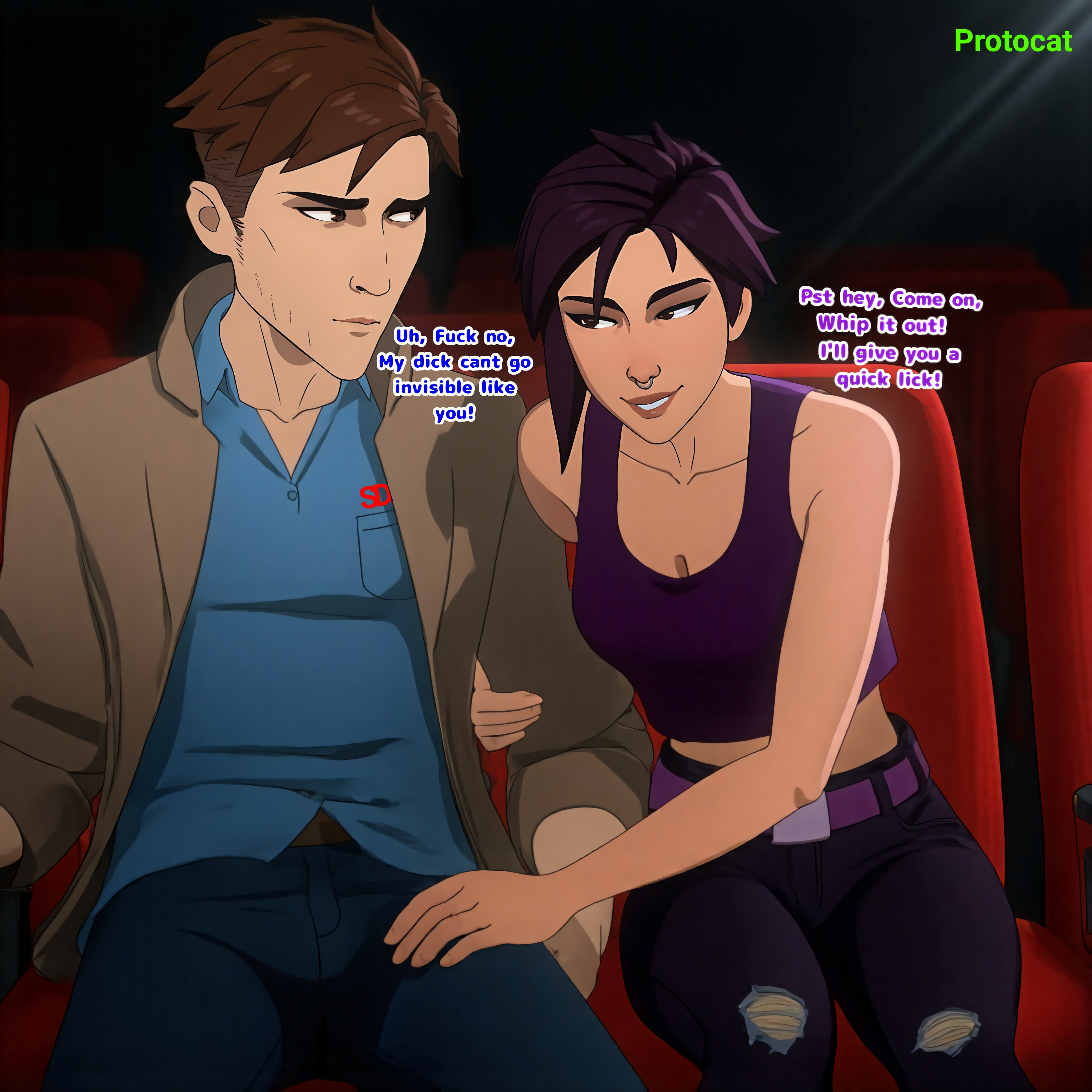 1boy, 1girl1boy, 1girls, ai assisted, ai generated, arm grab, bare belly, bare shoulders, belt, belt buckle, breasts, brown eyes, brown lips, cel shading, chair, cinema, clothed, coat, couple, dialogue, dirty talk, dispatch (game), english text, female, fully clothed, hand on another's thigh, hi res, highres, invisigal, jeans, light-skinned male, male, male/female, medium breasts, messy hair, movie theater, nose piercing, nose ring, oral invitation, protocat, public, robert robertson, seated, shirt, short hair, short hair female, sitting, slender, slender body, slender waist, slim, slim waist, smile, smiling at partner, superhero, superheroine, talking to another, text, theater, tomboy, torn pants