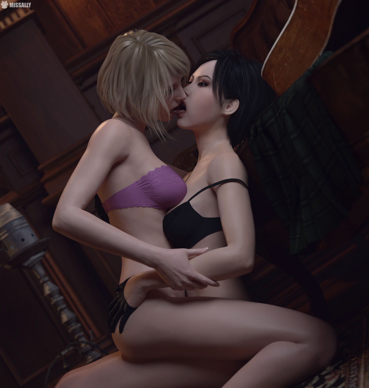 2girls, 3d, ada wong, ada wong (adriana), age difference, alienally, ashley graham, ashley graham (ella freya), black hair, blonde hair, female, female/female, imminent sex, interracial, interracial yuri, kiss, lesbian, resident evil, resident evil 4, resident evil 4 remake, yuri
