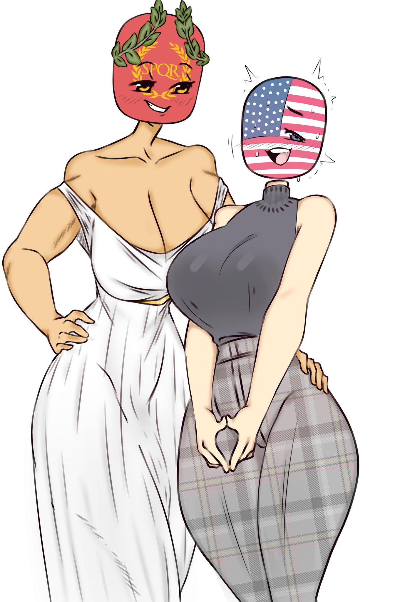 1futa, 1girls, alternate version available, big breasts, bigger futa, blush, breasts, clothed, clothing, countryhumans, countryhumans girl, duo, female, flaccid, flaccid penis, flawsy, fully clothed, futanari, huge breasts, humanoid, intersex, light skin, light-skinned female, light-skinned futa, penis, rome (countryhumans), sleeveless, standing, sweater, sweating, tan, thick thighs, turtleneck, united states of america (countryhumans), wide hips