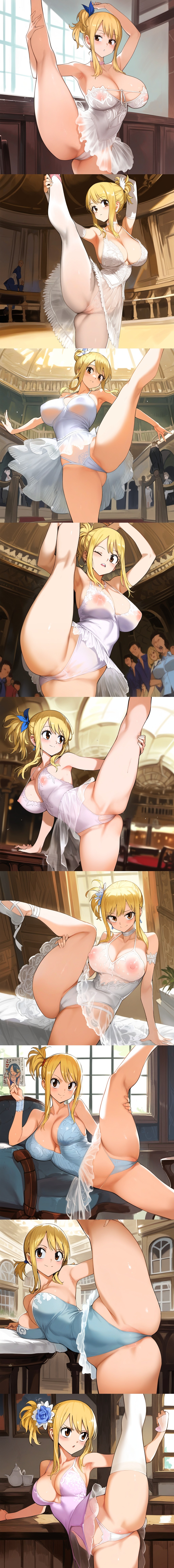 1girls ai_generated areola_slip areolae ballerina collage fairy_tail hall indoors large_breasts legs_up lucy_heartfilia nipple_piercing nipples novelai posing pussy_peek see-through self_upload somethingweird tagme transparent_clothing