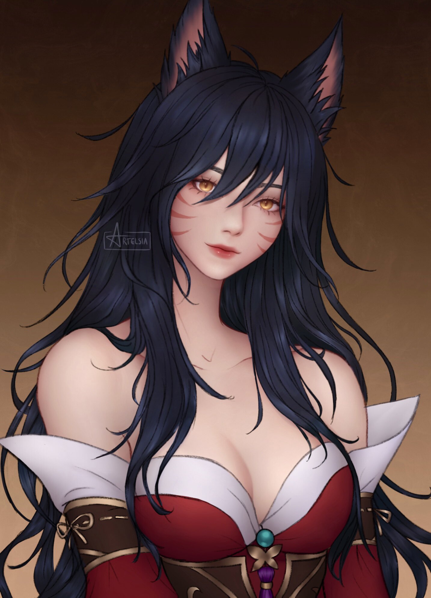 1girls ahri animal_ears artelsia artist_signature bare_shoulders black_hair cleavage clothed clothes collarbone default_ahri facial_markings female female_only fox_ears gradient_background league_of_legends long_hair medium_breasts riot_games solo upper_body whisker_markings yellow_eyes