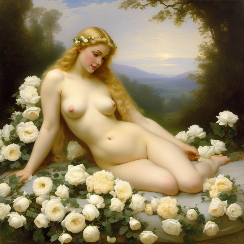 ai_generated belly blonde_hair blue_eyes breasts curly_hair curvy female flower flower_in_hair flowers lips long_hair lying medium_breasts navel nipples nude presenting realistic rose_(flower) smile solo white_rose william_bouguereau