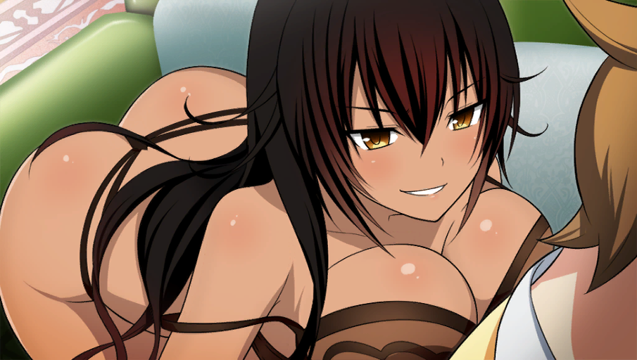 1boy 1girls ass bent_over big_ass big_breasts black_hair blush bra breast_press breasts brown_skin cleavage dat_ass female large_breasts long_hair looking_at_another master_nemesis to_love-ru to_love-ru_darkness yellow_eyes