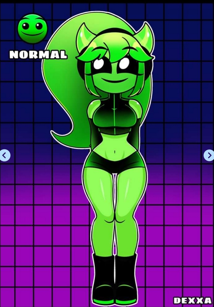 breasts dexxa geometry_dash green_body green_hair green_skin horns normal_(geometry_dash) smiling