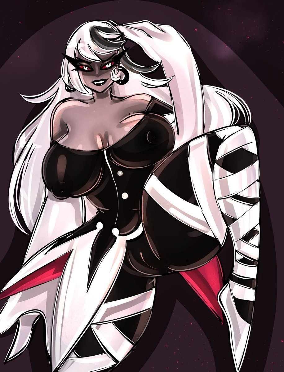 1girls, bitterbunz, black lipstick, carmilla carmine, clothed, eye contact, female, grin, hazbin hotel, leg up, vivienne medrano