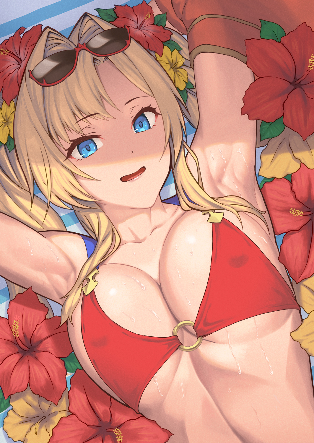 armpits, bikini, blue eyes, breasts, female, glasses on head, granblue fantasy, granblue fantasy versus, lying on back, zeta (granblue fantasy)