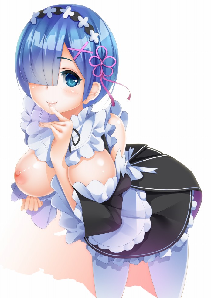 1girls, blue eyes, blue hair, blush, breasts, female, female only, finger to mouth, hair over one eye, hair ribbon, large breasts, looking at viewer, maid, maid headdress, neko neko koneko, nipples, pantyhose, pink ribbon, re:zero kara hajimeru isekai seikatsu, rem (re:zero), ribbon, shadow, short hair, simple background, smile, solo, white background, white legwear, x hair ornament
