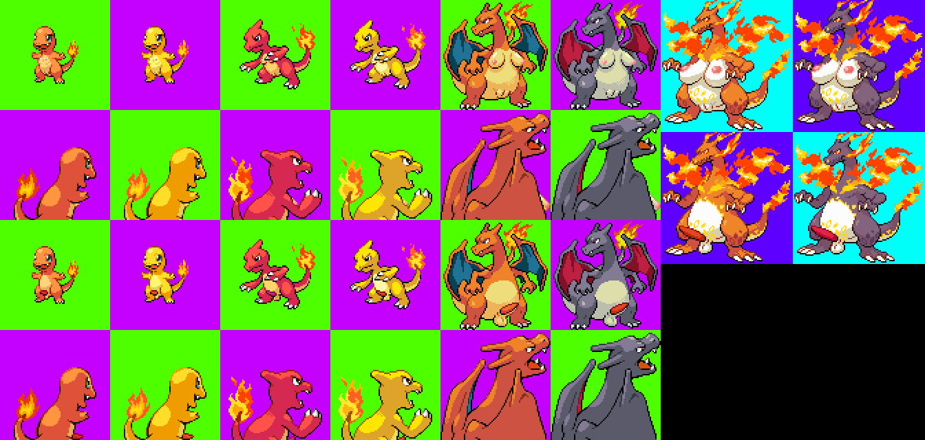 black_background blue_background breasts charizard charmander charmeleon checkered_background dick dynamax evolution female gigantamax_charizard gigantamax_pokémon green_background male no_humans pixel_art pokemon pokemon_(species) pokemon_evolution pokezelda3 purple_background sprite sprite_edit sprite_sheet