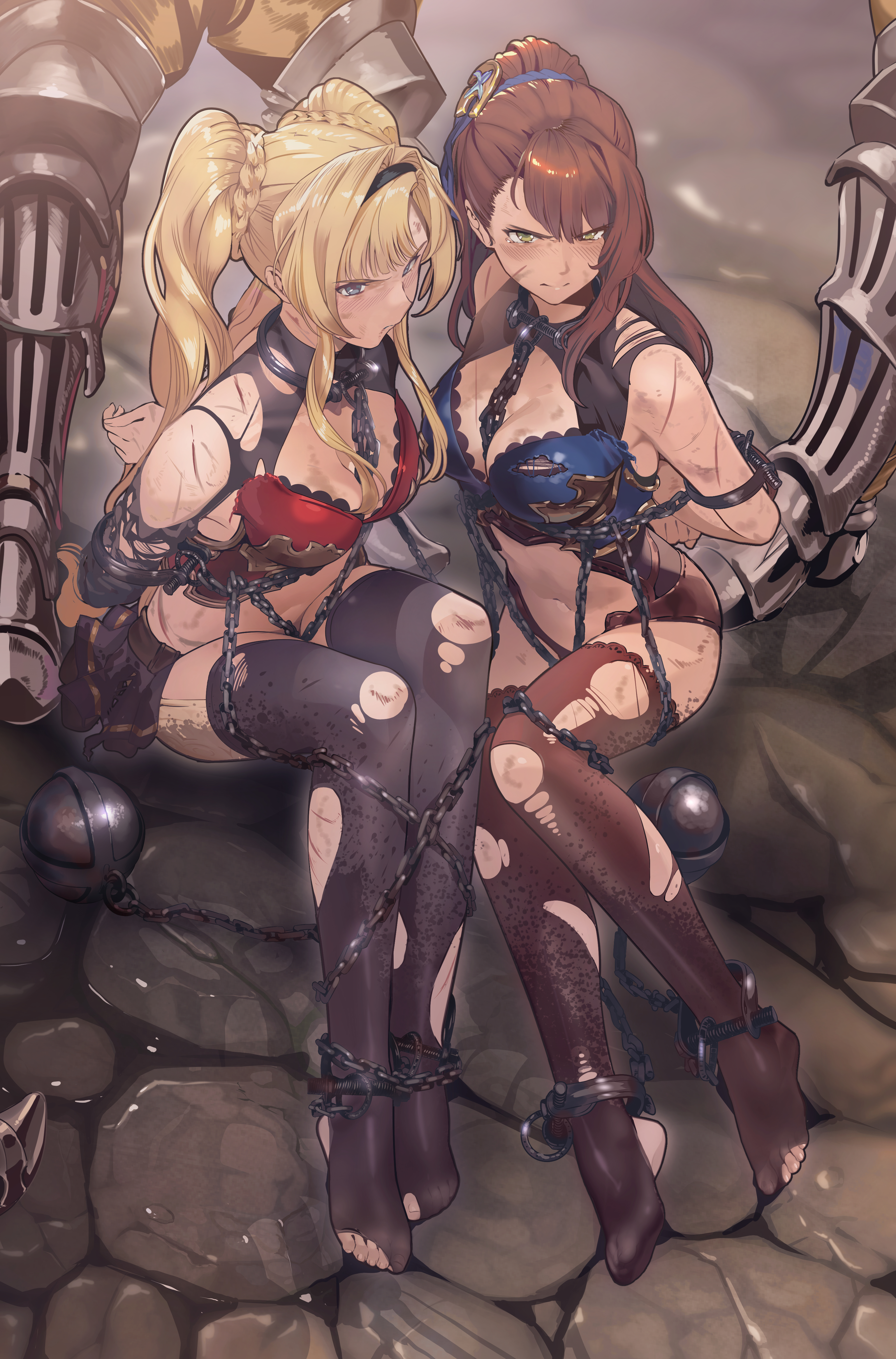 angry, beatrix (granblue fantasy), bondage, chains, granblue fantasy, granblue fantasy versus, sitting on floor, sword, yewang19, zeta (granblue fantasy)