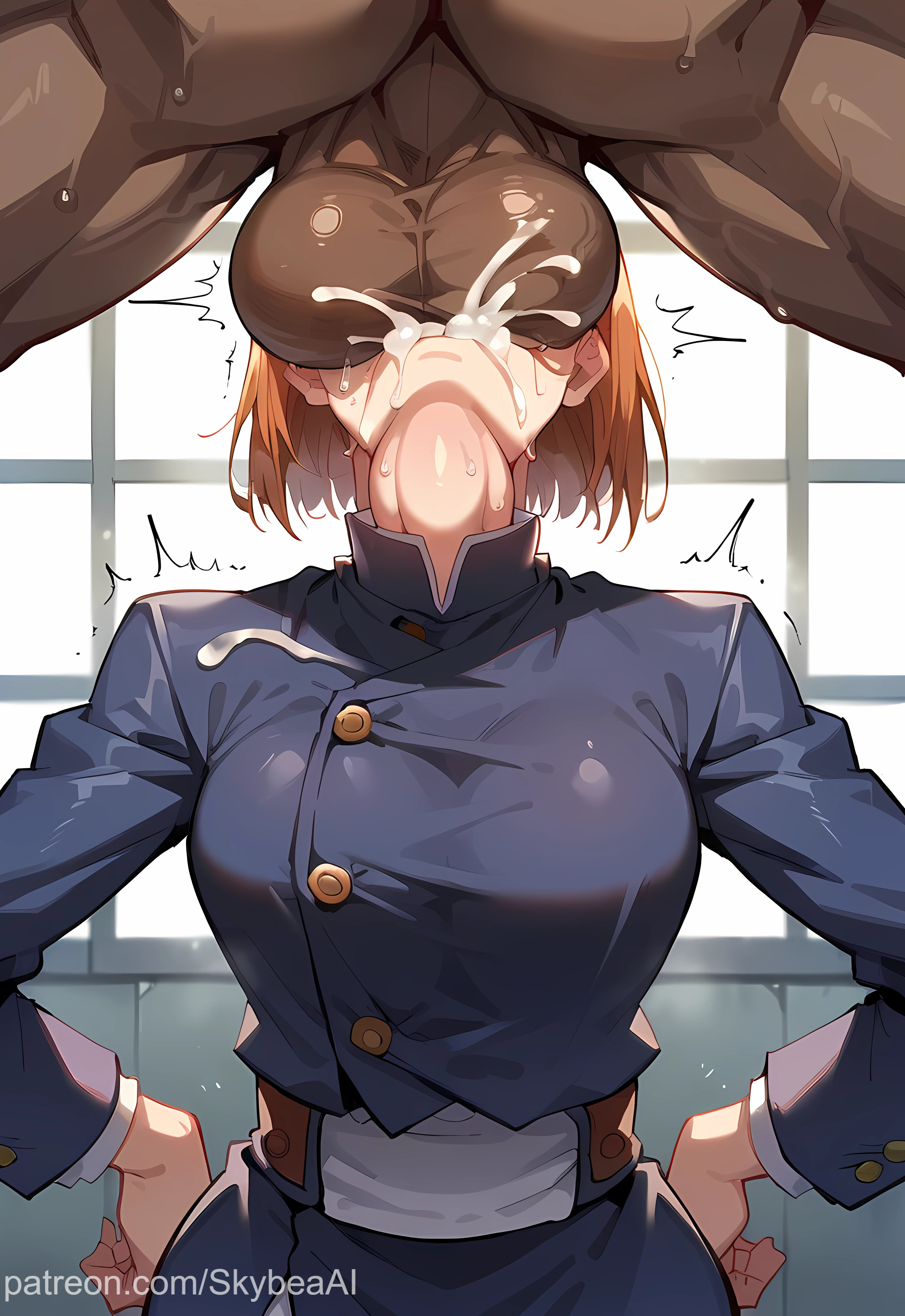 1boy, 1girls, 2d, absurd res, ai generated, balls, blowjob, brown hair, clothed female nude male, cum, cum in mouth, dark skin, dark-skinned male, deepthroat, female, hi res, highres, huge balls, jujutsu kaisen, kugisaki nobara, light skin, light-skinned female, male, oral, oral sex, school uniform, skybea, sword swallowing position, throat bulge, throat fuck