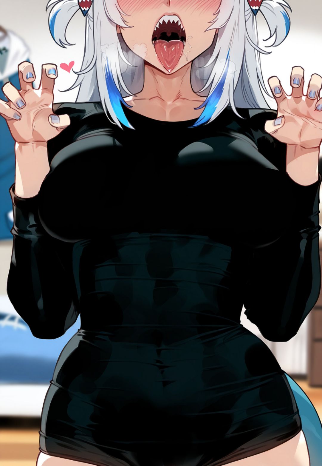 1girls, ahe gao, ai generated, female, female focus, female only, gawr gura, hololive, hololive english, hololive myth, medium hair, saliva on face, shark girl, shark humanoid, tight clothing, tongue, tongue out, virtual youtuber, vtuber