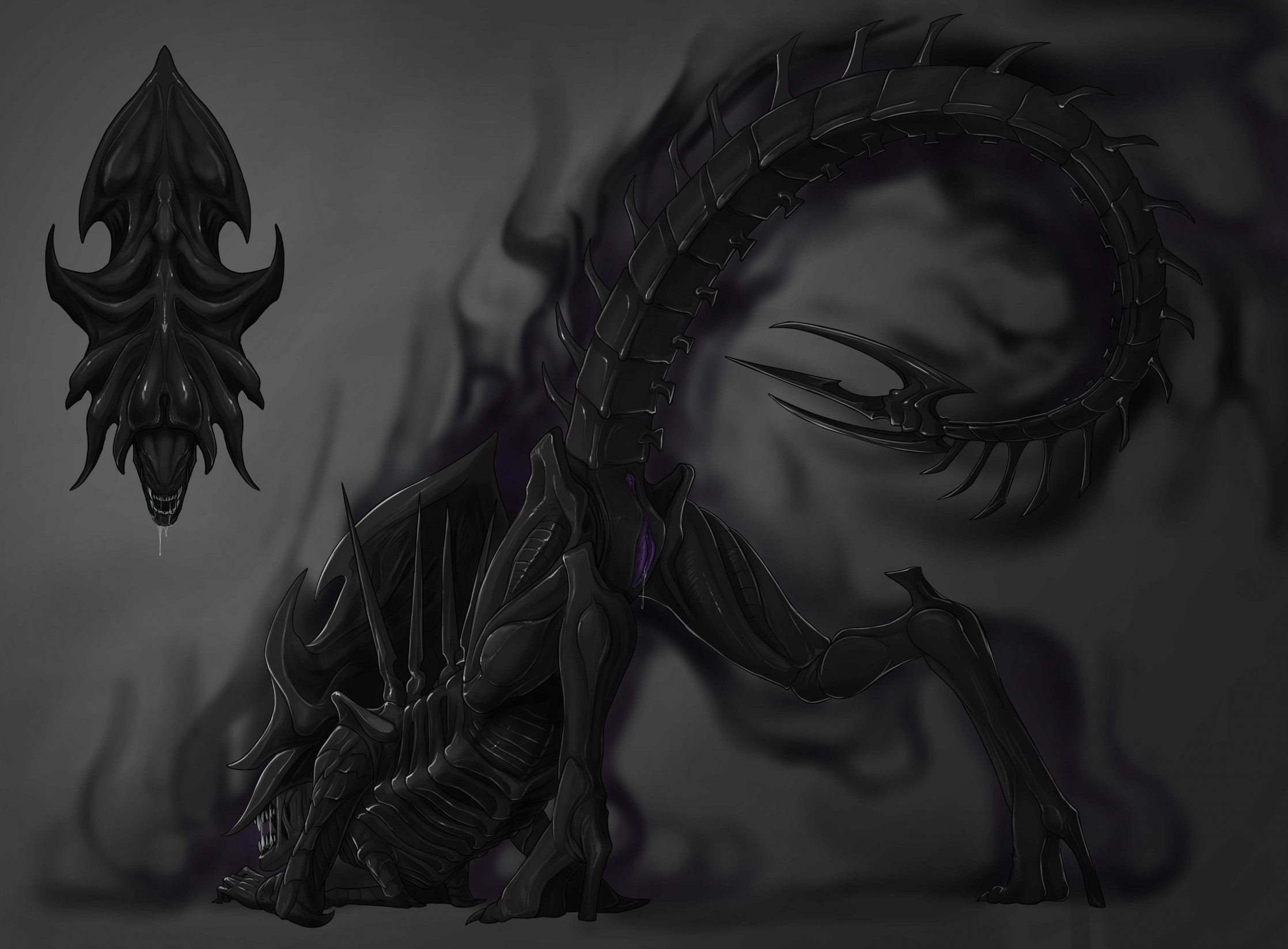 1girls, 2d, alien, alien (franchise), anus, ass, bodily fluids, creepy gun, dripping, exoskeleton, eyeless, female, female only, female xenomorph, genital fluids, genitals, hi res, monster, pussy, pussy juice, pussy juice drip, raised tail, saliva, saliva drip, solo, solo female, standing, xenomorph, xenomorph queen