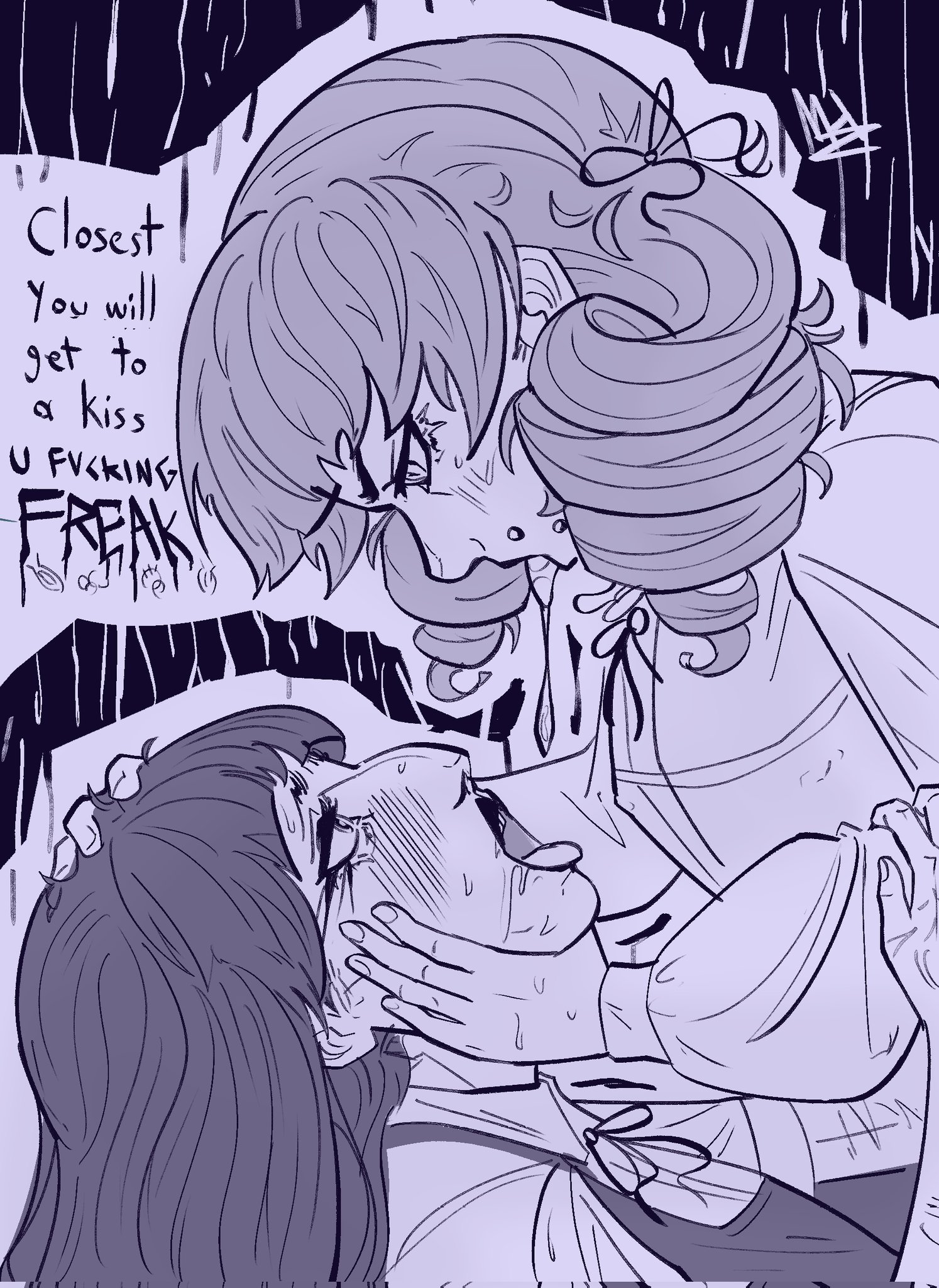 1futa, 2girls, ardentdreamz, dominant female, fear and hunger, fear and hunger: termina, female, femdom, futa on female, futanari, intersex, makeup, makeup running, marina (fear and hunger), mascara, mascara smear, mascara tears, otoko no ko, saliva, saliva on face, saliva on tongue, saliva string, saliva trail, samarie (fear and hunger), spit, spitting, spitting in mouth, submissive female, trans woman, transfem