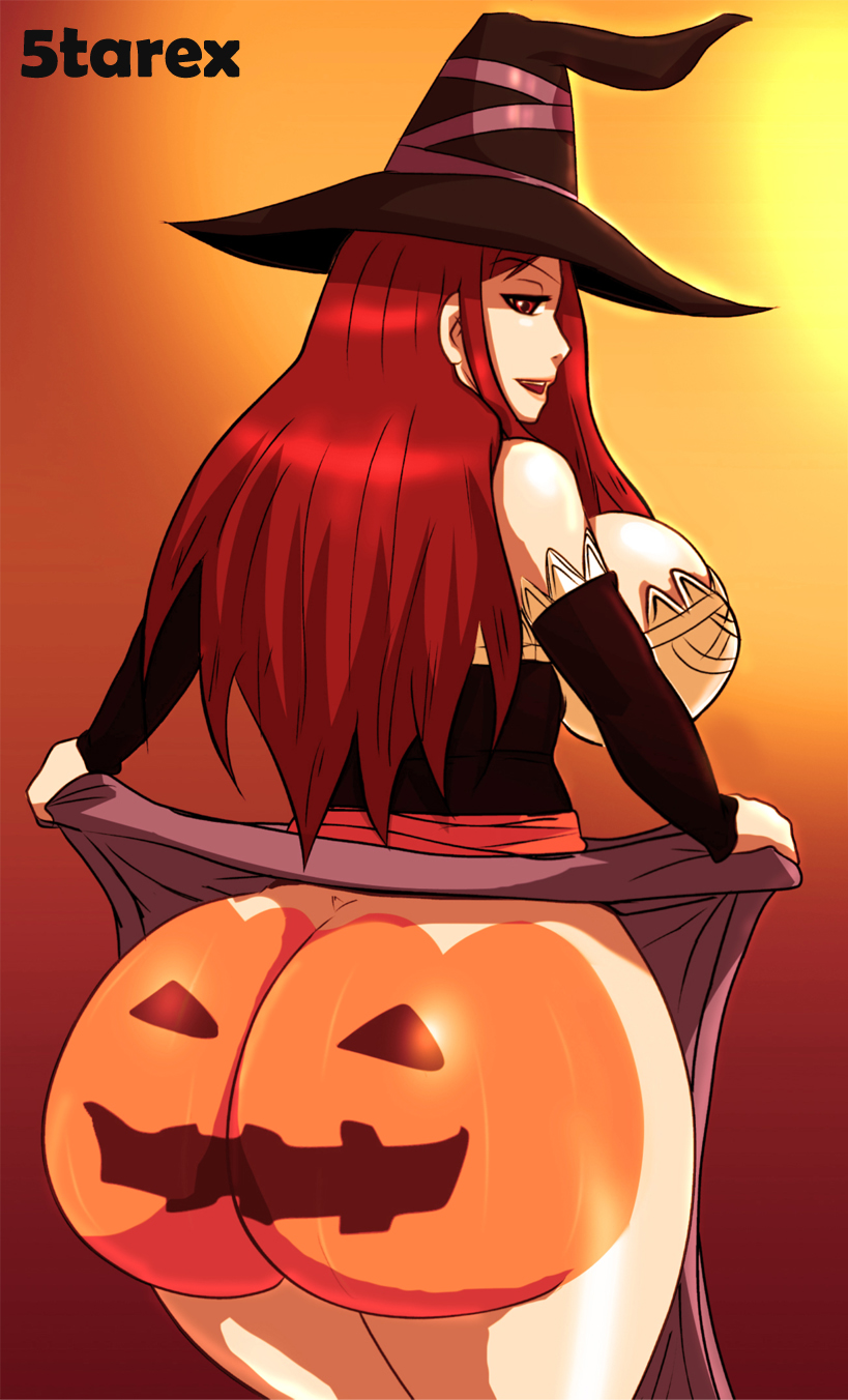 5tarex ass big_ass big_breasts bodypaint breasts dragon's_crown halloween jack-o'-lantern no_panties pumpkin_butt red_eyes red_hair sideboob skirt_lift sorceress_(dragon's_crown) wide_hips