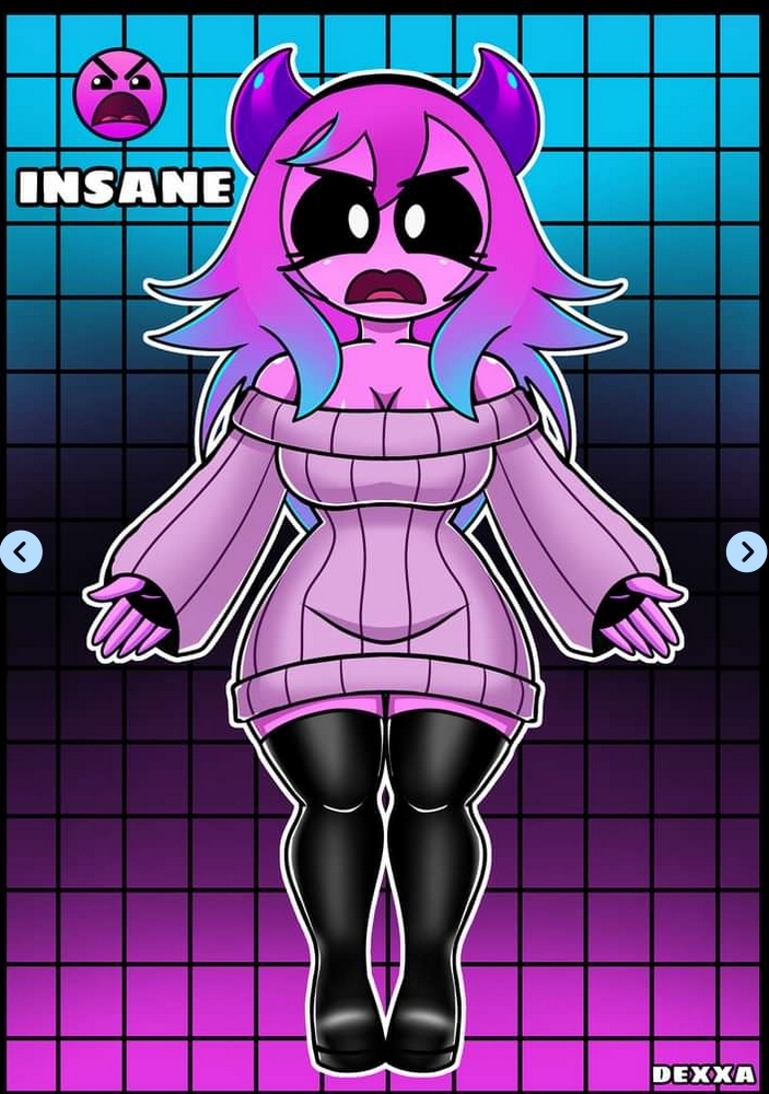 angry clothed dexxa geometry_dash horns insane_(geometry_dash) large_breasts pink_body pink_hair pink_skin sweater thick_thighs