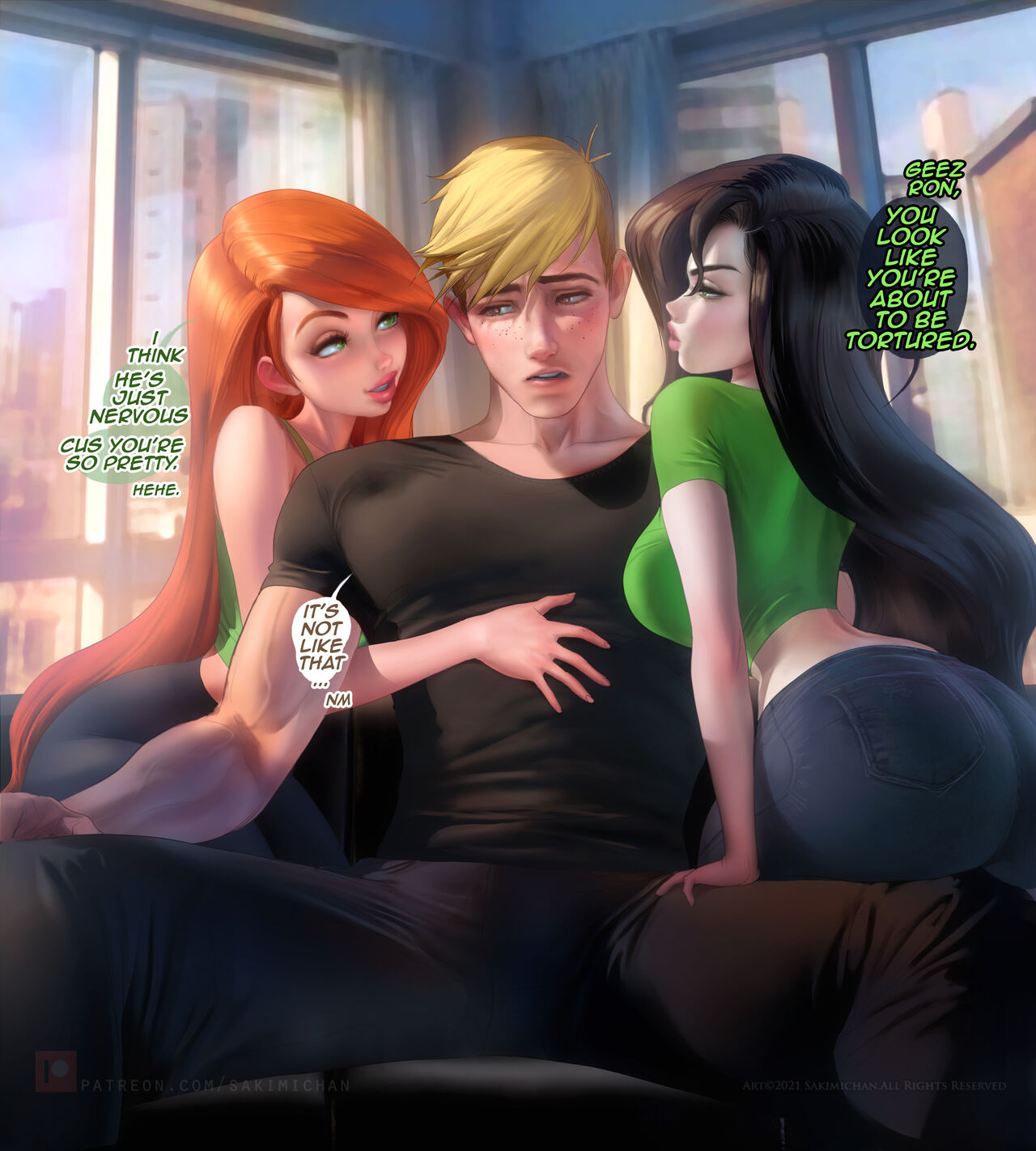 1boy 2girls ass big_ass big_breasts black_hair blonde_hair blush breasts curvy curvy_figure dialogue disney english_text female ginger_hair green_eyes human kim_possible kimberly_ann_possible long_hair male multiple_girls ron_stoppable sakimichan shego short_hair text