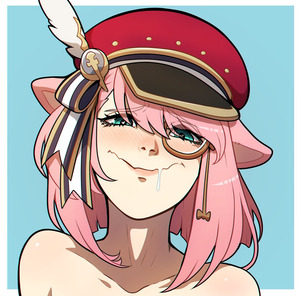 1girls, blush, cat ears, cat girl, catgirl, charlotte (genshin impact), drooling, female, female only, genshin impact, green eyes, hat, heart-shaped pupils, kinkymation, looking at viewer, monocle, naughty face, pink hair, portrait, smiling, smiling at viewer, solo, wavy mouth