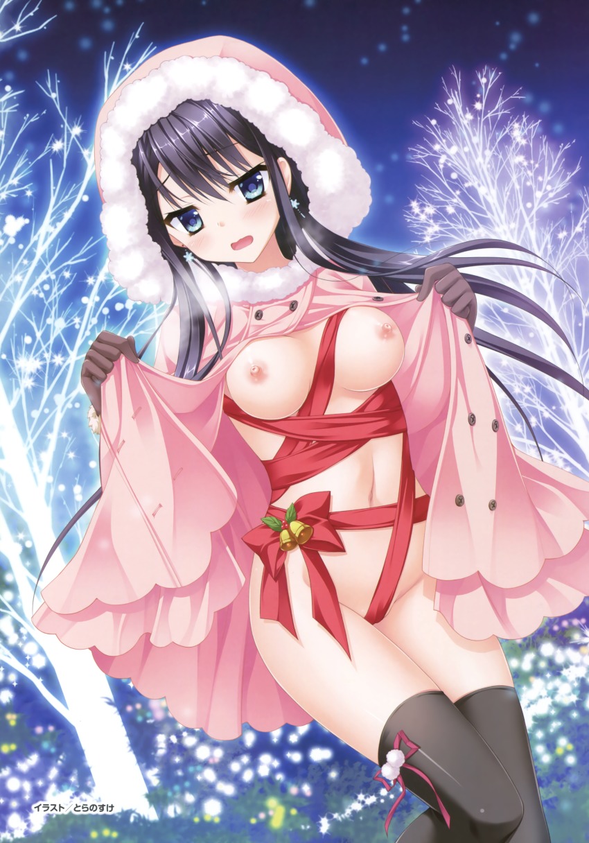 absurdres aqua_eyes bare_tree bell black_gloves black_hair black_legwear blush bottomless breasts coat earrings female floral_flowlove fur_trim gloves holly jewelry long_hair medium_breasts naked_coat naked_ribbon navel nipples no_bra open_clothes open_coat open_mouth ribbon solo thighhighs tokisaka_nanao toranosuke tree unbuttoned wavy_mouth