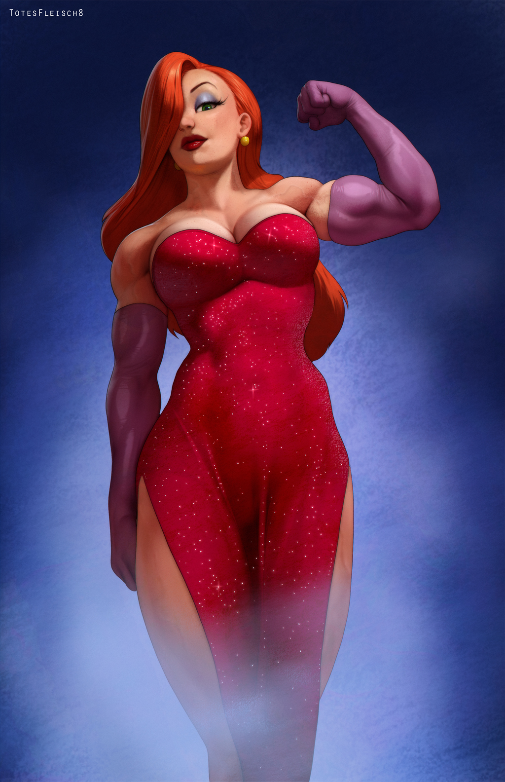 1girls, blue background, breasts, brown hair, detached sleeves, dress, female, gradient background, jessica rabbit, large breasts, lips, long hair, looking down, muscular, muscular female, one eye covered, red dress, who framed roger rabbit