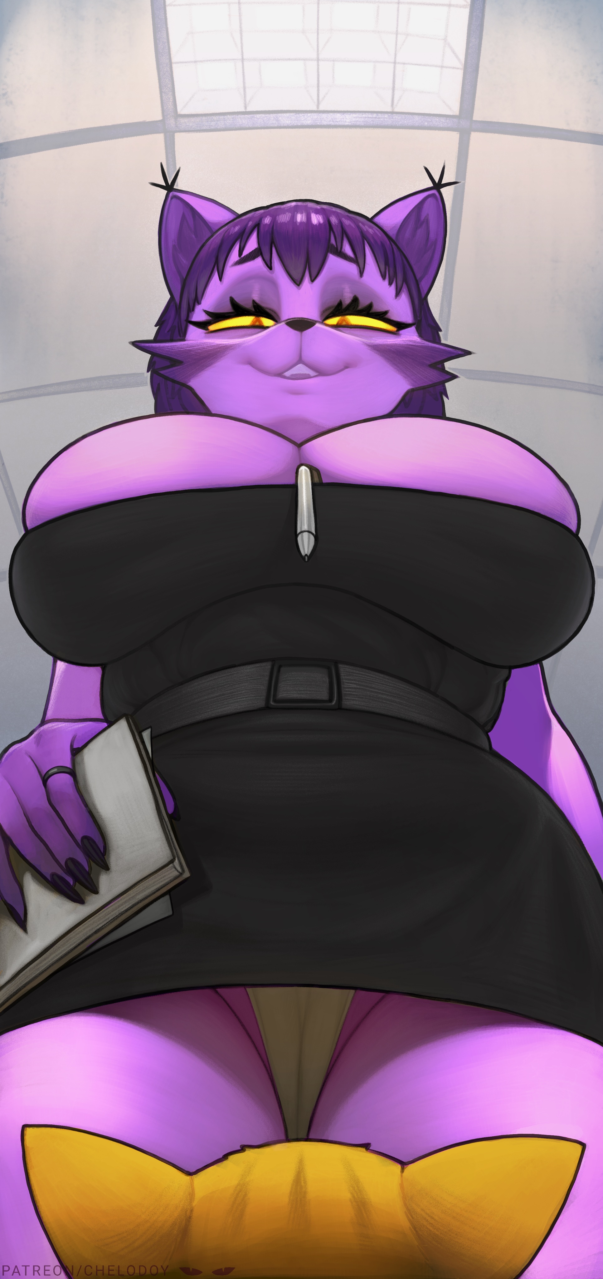 1boy, 1girls, 2024, 2d, bedroom eyes, big breasts, big thighs, black dress, breasts, cat ears, chelodoy, cleavage, dress, female, female focus, fur, furry, furry female, furry only, hi res, highres, kara (chelodoy), large breasts, large thighs, male, office, office lady, panties, purple fur, purple hair, red eyes, short skirt, sitting, skindentation, skirt up, smaller male, smile, smiling, thick thighs, thighs, yellow sclera