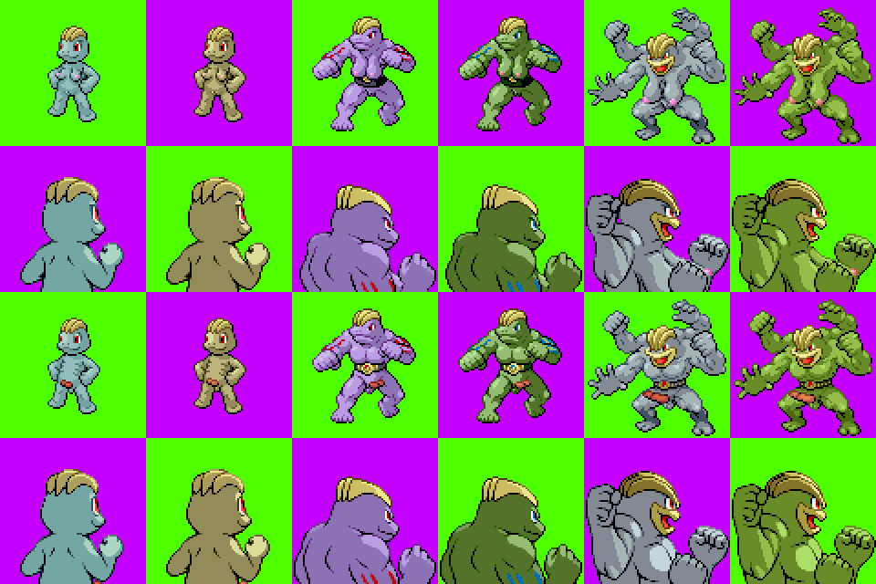 breasts checkered_background dick evolution female green_background machamp machoke machop male monster no_humans pixel_art pokémon_(species) pokemon pokemon_(species) pokemon_evolution pokezelda3 purple_background sprite sprite_edit sprite_sheet