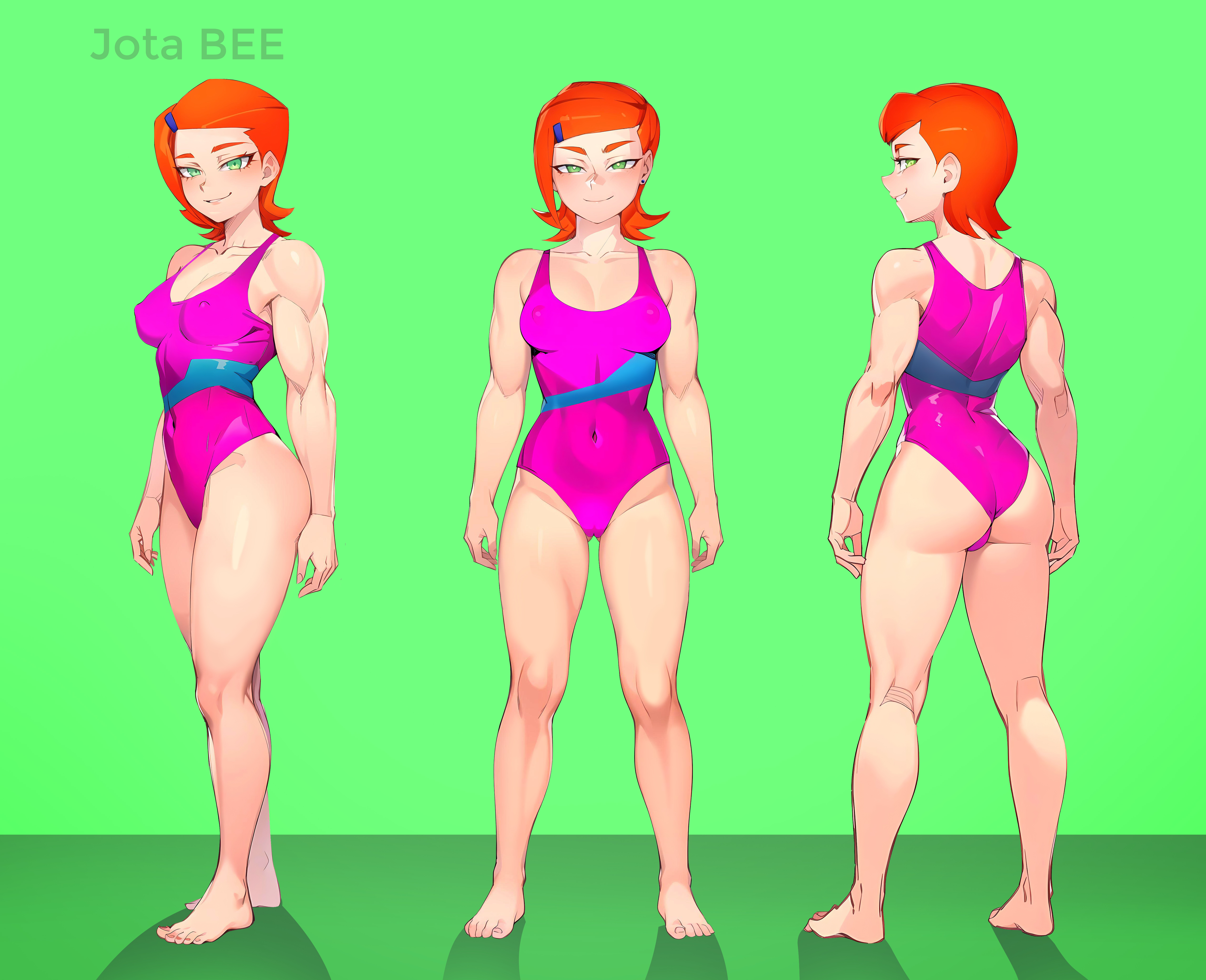 1girls, ass, ben 10, ben 10 (classic), cartoon network, female, female only, green eyes, gwen tennyson, gwen tennyson (classic), human, jotabee, muscular, muscular female, official alternate costume, orange hair, perfect body, pink swimsuit, red hair, solo, swimsuit