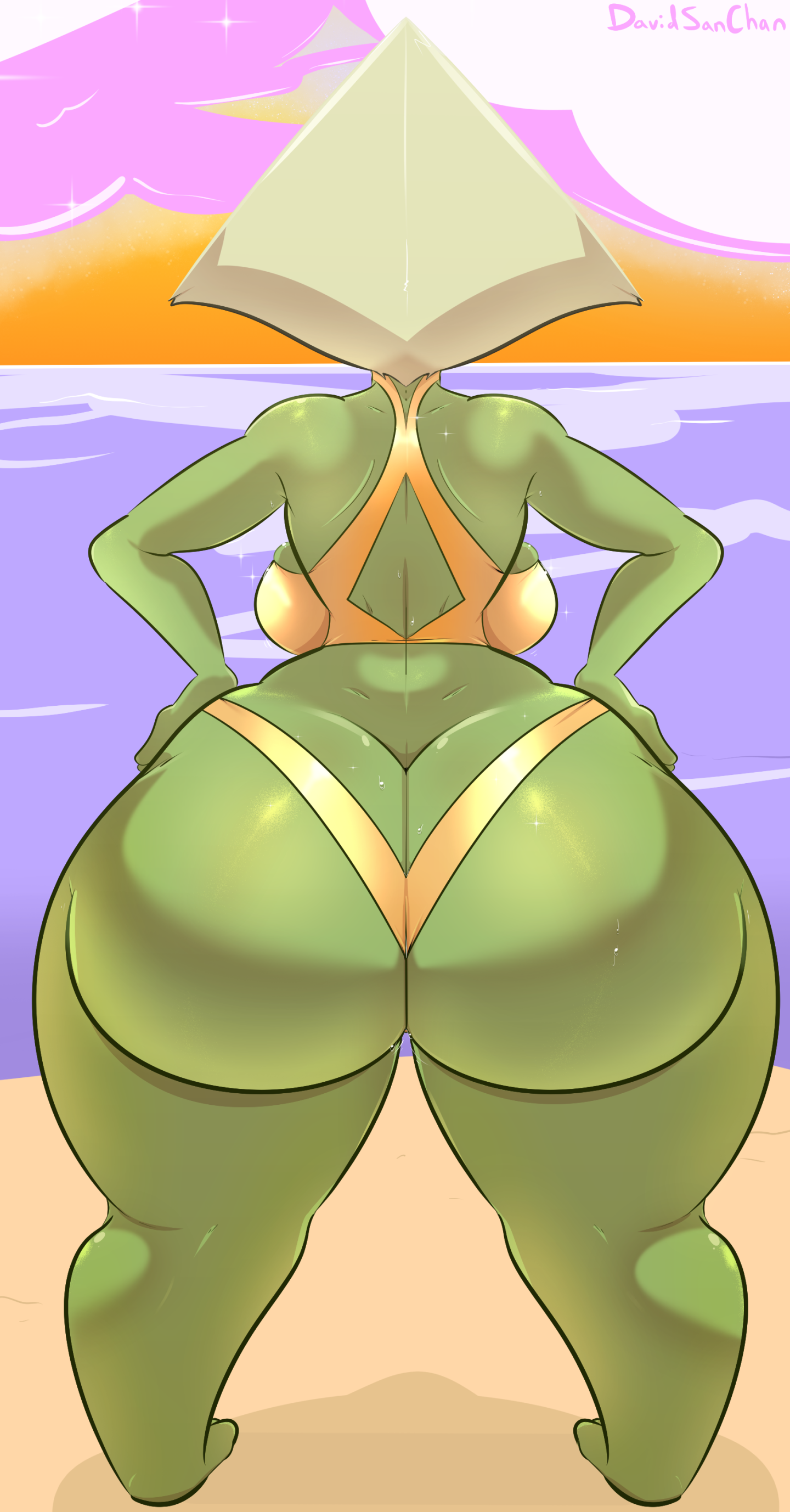 1girls, ass, ass cleavage, ass crack, beach, big ass, bikini, bottom heavy, breasts, bubble ass, bubble butt, butt crack, cloud, davidsanchan, fat ass, female, female only, gem (species), gold bikini, green skin, hands on hips, huge ass, large ass, massive ass, ocean, outside, peridot (steven universe), png, rear view, shortstack, solo, steven universe, swimsuit, thick ass, thick thighs, thunder thighs, water, wide hips