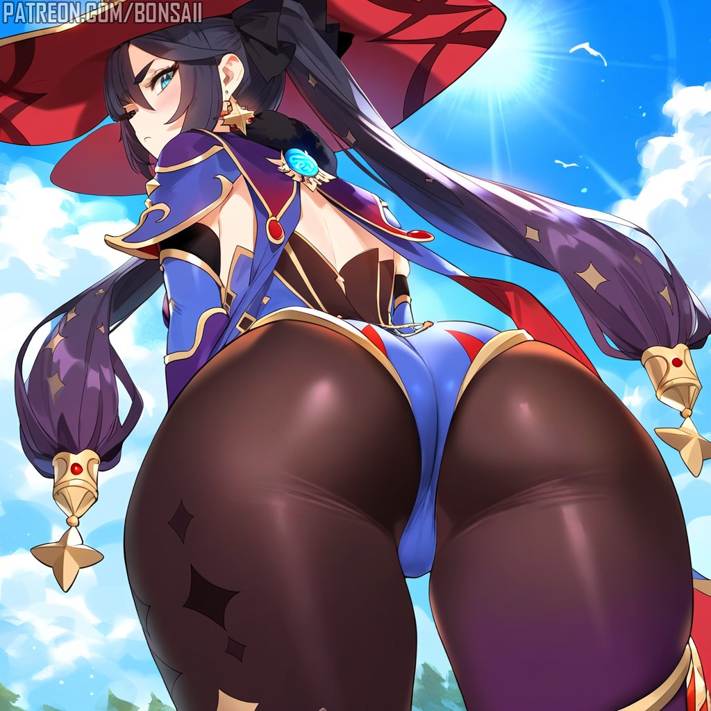 1girls ai_generated big_ass blush bons_ai cameltoe dat_ass female female_only from_below genshin_impact looking_at_viewer looking_down mona_(genshin_impact) solo