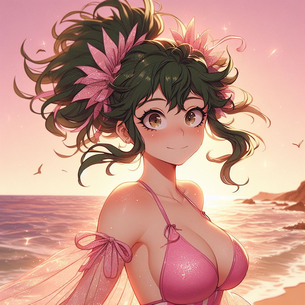 ai generated, artificial-sissy, big breasts, bikini, breasts, cleavage, dress, female, female deku, freckles, genderswap, genderswap (mtf), green eyes, green hair, izuku midoriya, my hero academia, rule 63, solo