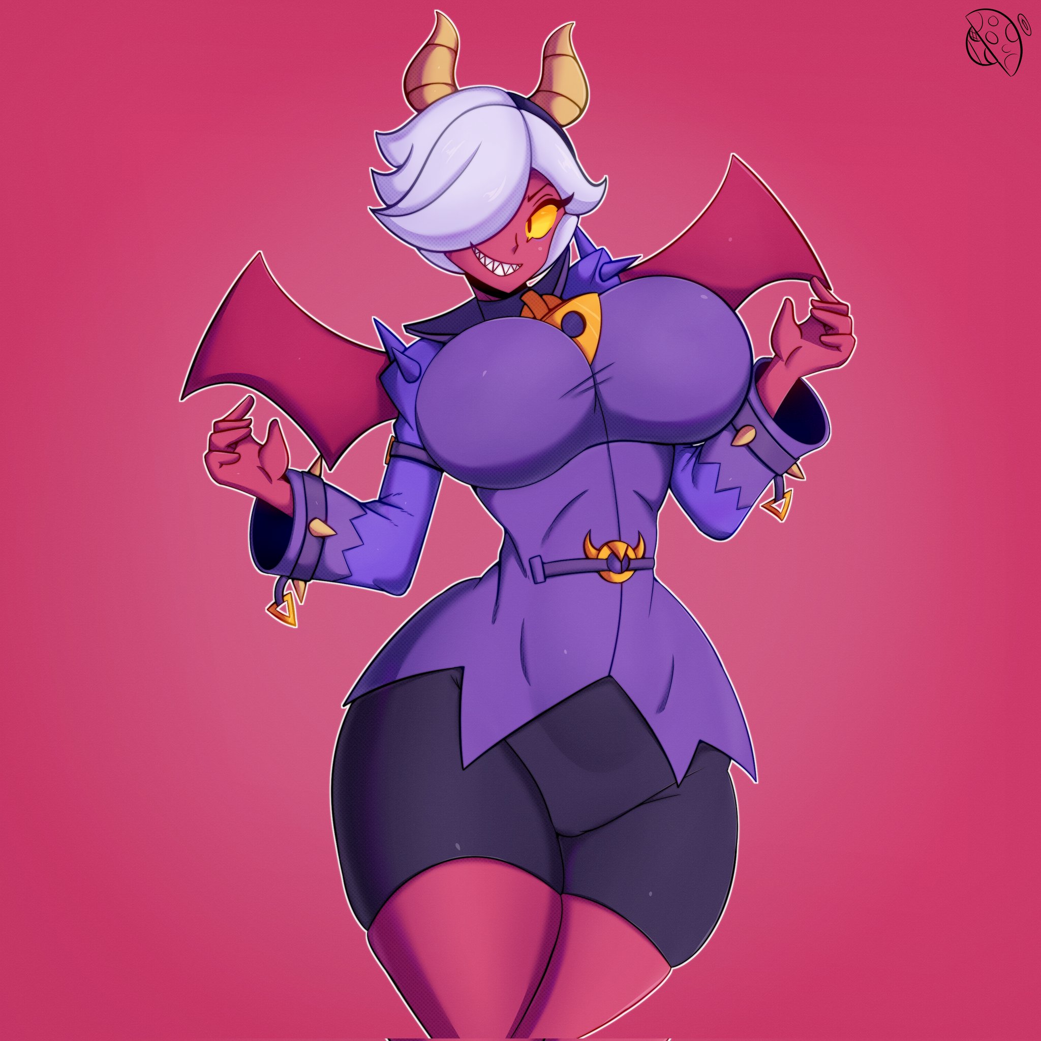 1girls, 2024, athletic, athletic female, big breasts, brawl stars, breasts, busty, clothed, clothed female, clothing, colette (brawl stars), curvaceous, curvy, curvy body, curvy female, curvy figure, curvy hips, demon, demon girl, demon horns, demon wings, female, female focus, female only, front view, fully clothed, hair ornament, hair over one eye, horns, huge breasts, large breasts, looking away, purple clothing, red background, red body, red skin, sharp teeth, slim waist, smile, smiling, solo, solo female, solo focus, standing, succubus, supercell, teeth, thick thighs, tr yithaz, trixie colette (brawl stars), voluptuous, voluptuous female, white hair, wide hips, wings, yellow sclera