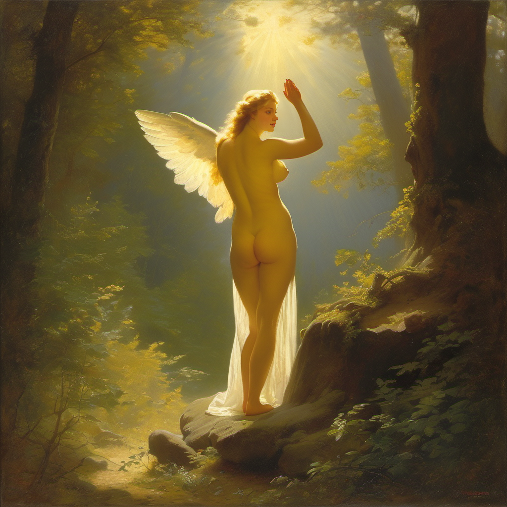 ai_generated angel ass back back_view blonde_hair blue_eyes breasts curly_hair curvy forest holy light lips long_hair nude one_arm one_wing presenting realistic small_breasts smile solo william_bouguereau wing