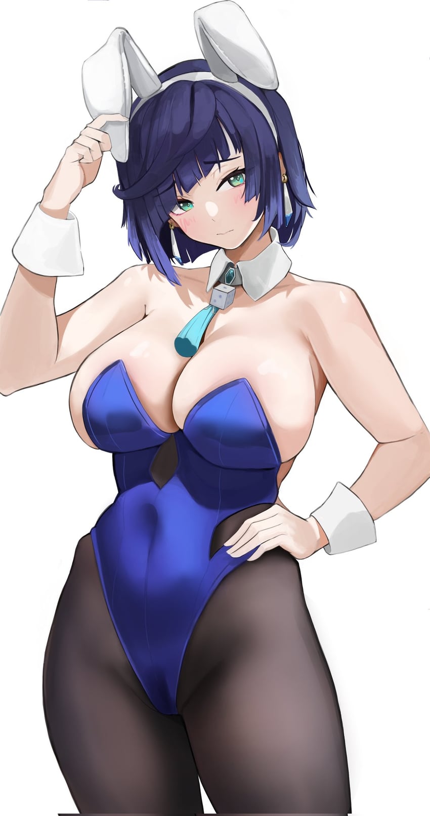 1girls, big breasts, blonde hair, blue eyes, blush, breasts, bunny ears, bunnysuit, female, genshin impact, solo, solo female, usagol7, yelan (genshin impact)