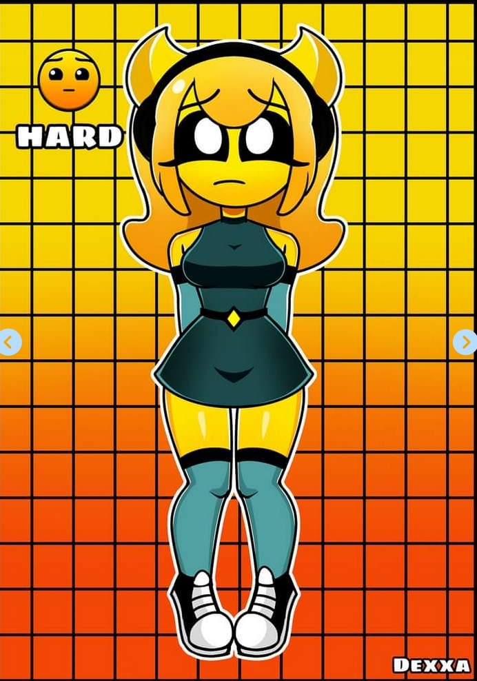 clothed dexxa geometry_dash hard_(geometry_dash) horns worried yellow_body yellow_hair yellow_skin