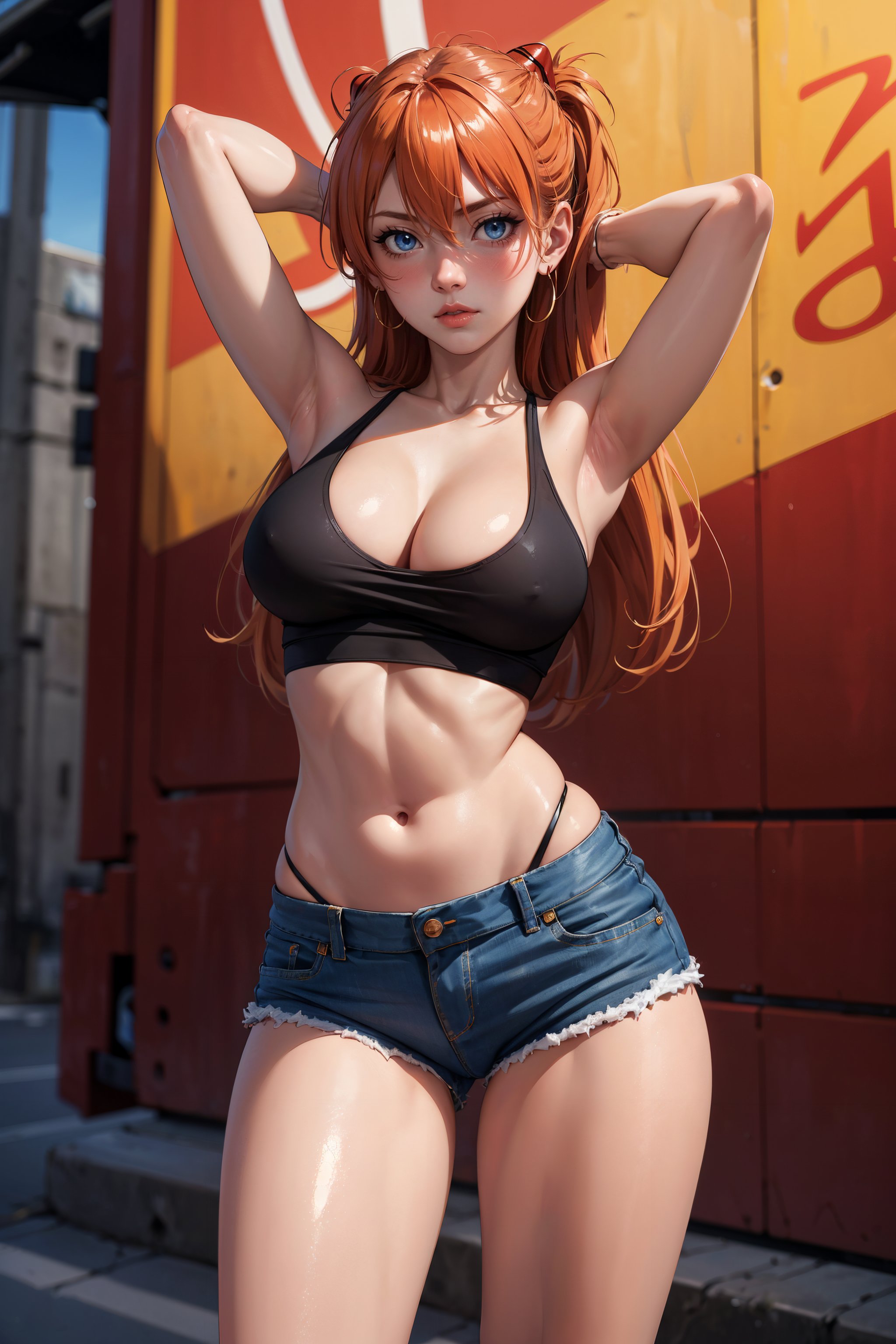 1girls, 2d, ai generated, armpits, arms behind head, asuka langley sohryu, big breasts, blue eyes, blush, breasts, city, cleavage, covered nipples, denim shorts, female, large breasts, league69, long hair, neon genesis evangelion, nipple bulge, orange hair, panties, shorts, solo, street, tank top, urban