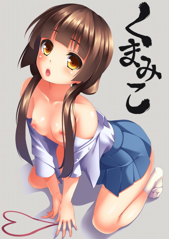 amayadori_machi bangs black_hair blush breasts brown_eyes female heart kumamiko long_hair looking_at_viewer neko_neko_koneko nipples open_mouth school_uniform small_breasts solo text tied_hair translation_request twintails