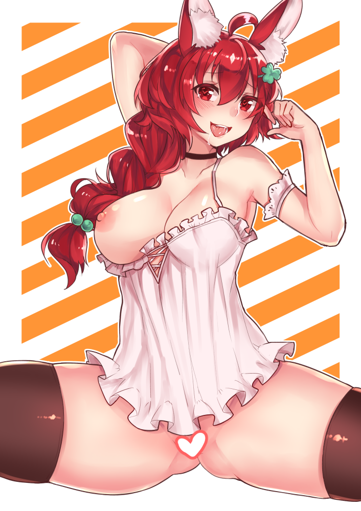 :d, ahoge, animal ears, armpits, bare shoulders, black legwear, blush, borrowed character, braid, breast slip, breasts, bunny ears, camisole, censored, choker, clover hair ornament, collarbone, female, hair ornament, heart, heart censor, heart-shaped pupils, large breasts, long hair, looking at viewer, nipples, no panties, nora (greenteaneko), one breast out, open mouth, original, osiimi, red eyes, red hair, saliva, single braid, smile, solo, spread legs, strap slip, striped, striped background, symbol-shaped pupils, thighhighs, tied hair, tongue, tongue out