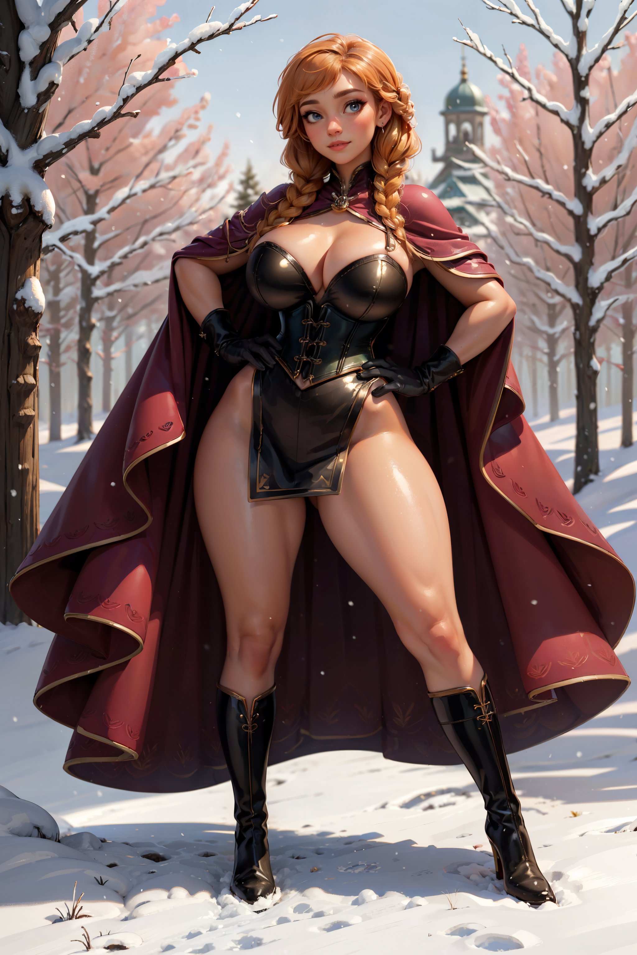 1girls, ai generated, anna (frozen), big breasts, big thighs, blue eyes, boots, breasts, cape, clothing, disney, disney princess, female, frozen (film), frozen 2, high heel boots, high heels, hourglass figure, large breasts, league69, long hair, looking at viewer, no panties, orange hair, royalty, thick thighs, thighs