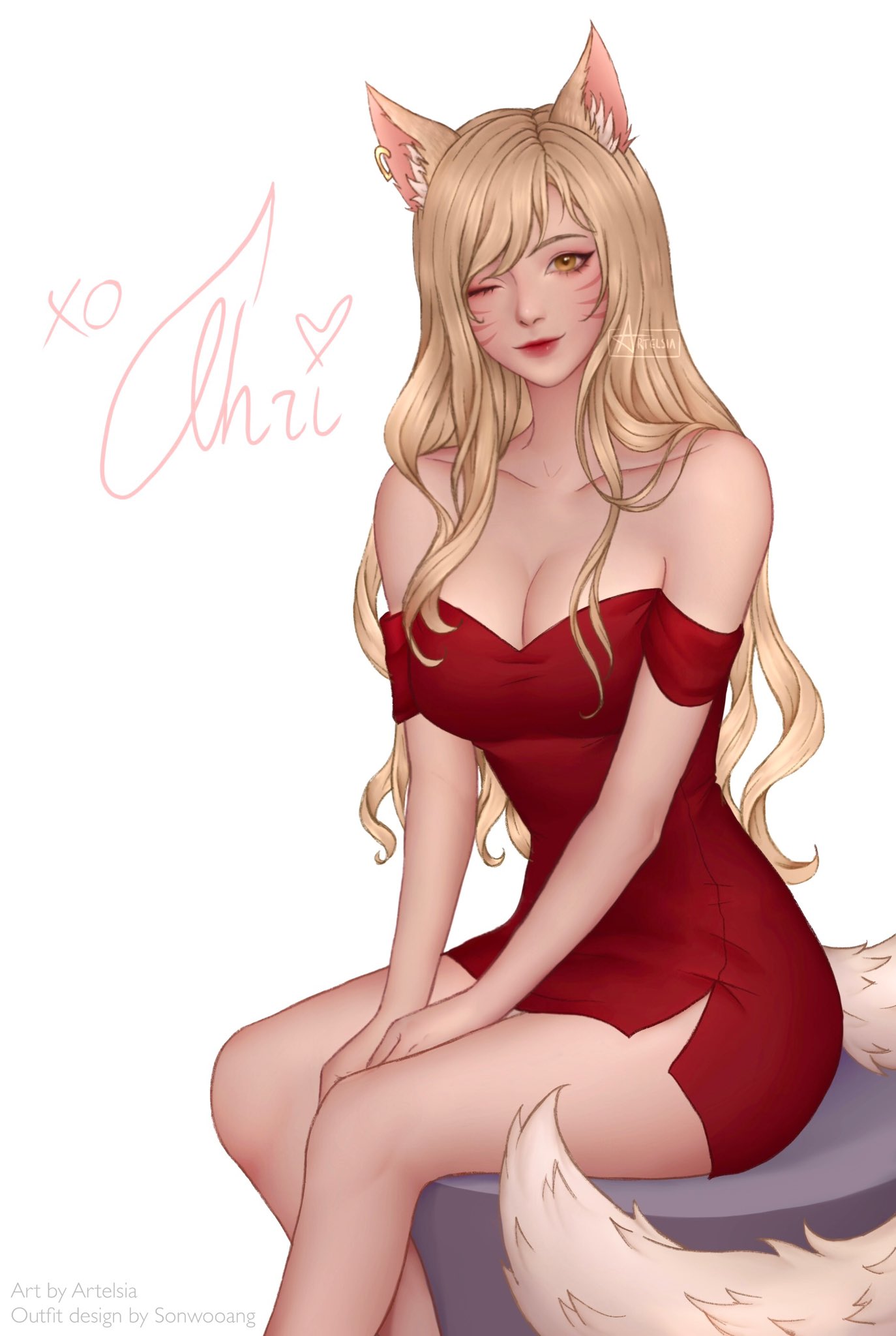 1girls ahri animal_ear_fluff animal_ears artelsia artist_name artist_signature bare_legs bare_shoulders blonde_hair character_name cleavage clothing collarbone dress earring english_text facial_markings feet_out_of_frame female female_only fully_clothed k/da_ahri kumiho large_breasts league_of_legends minidress off-shoulder_dress off_shoulder one_eye_closed red_dress riot_games side_slit simple_background sitting tail text thigh_slit whisker_markings white_background wink yellow_eyes