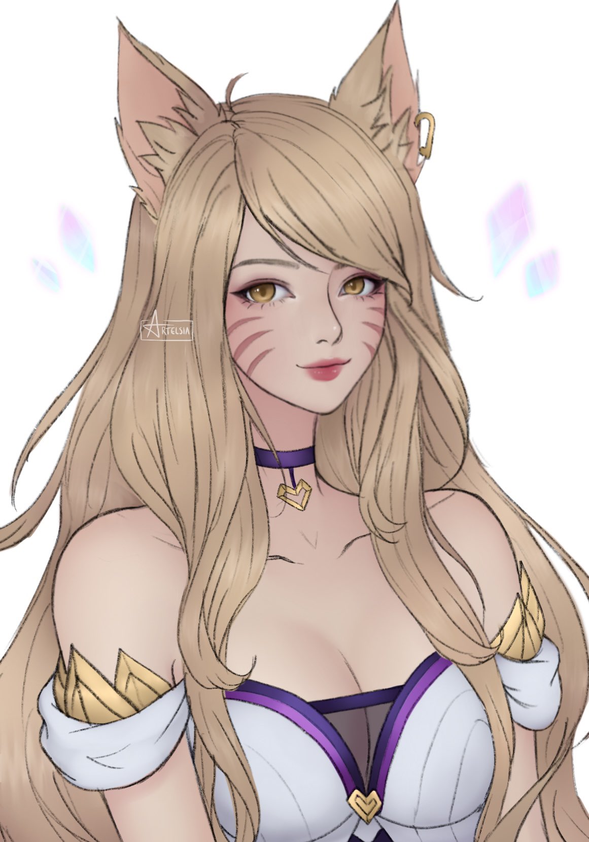 1girls ahri artelsia bare_shoulders blonde blonde_female blonde_fur blonde_hair blonde_hair_female collar female female_focus female_only fox_ears k/da_ahri k/da_series league_of_legends lips shoulders yellow_eyes