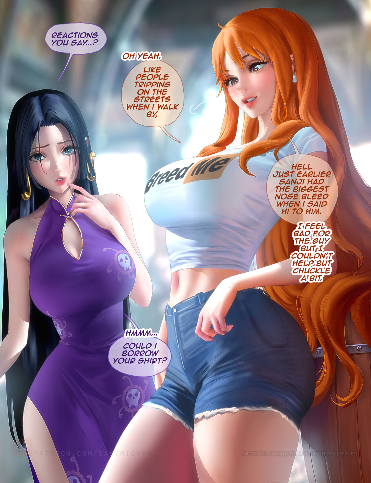 2girls, big breasts, black hair, blue eyes, boa hancock, breasts, dress, female, female only, ginger hair, jeans, long hair, multiple females, multiple girls, nami (one piece), one piece, orange eyes, post-timeskip, sakimichan, shorts, text