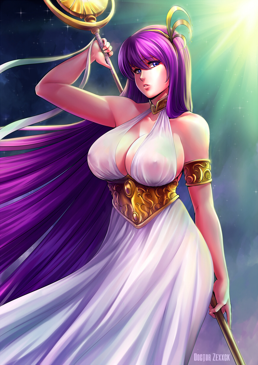 1girls athena_(saint_seiya) breasts cleavage covered_breasts covered_nipples dress erect_nipples female female_only hips huge_breasts large_breasts long_hair purple_eyes purple_hair saint_seiya saori_kido solo solo_female staff tagme zexxck