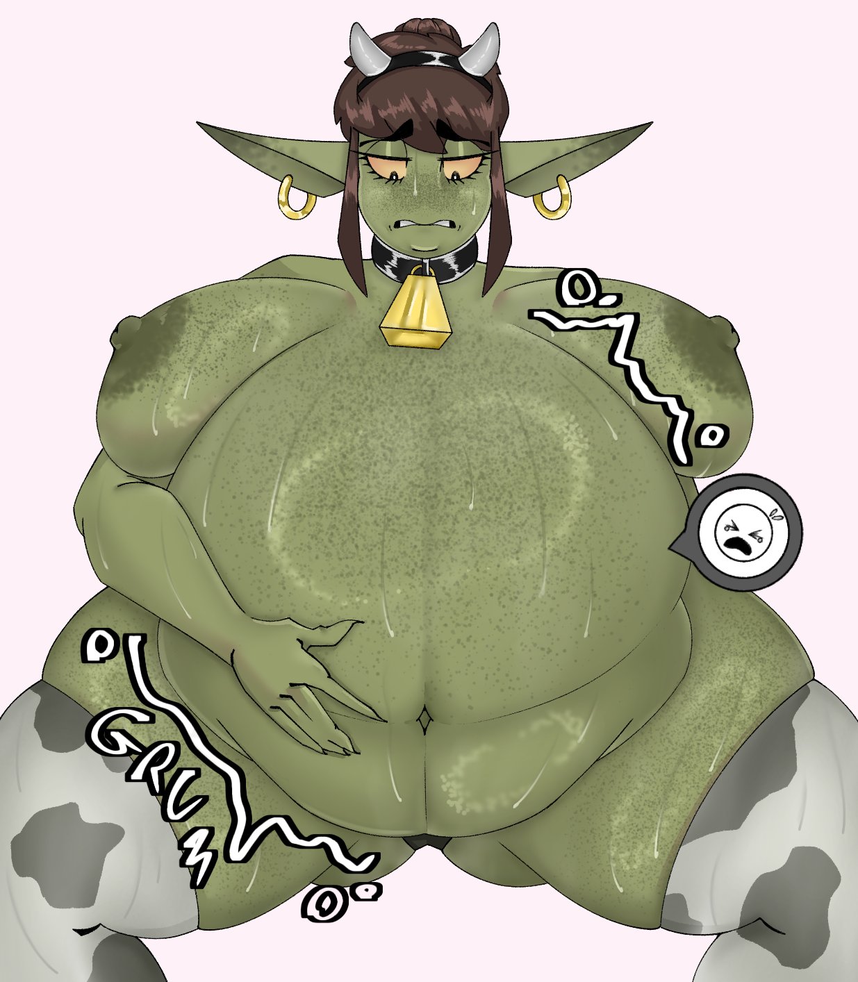 1girls, areolae, big areola, big belly, big breasts, breasts, brown eyes, cow girl, cow horns, cow print, cow print legwear, cowbell, curvaceous, curvy, curvy figure, earrings, female, female only, female pred, front view, goblin, goblin female, goblitch, green skin, huge breasts, legwear, long hair, mostly nude, neckwear, solo, solo female, stockings, tagme, thick thighs, unwilling prey, voluptuous, voluptuous female, vore, vore belly, wide hips, willing pred
