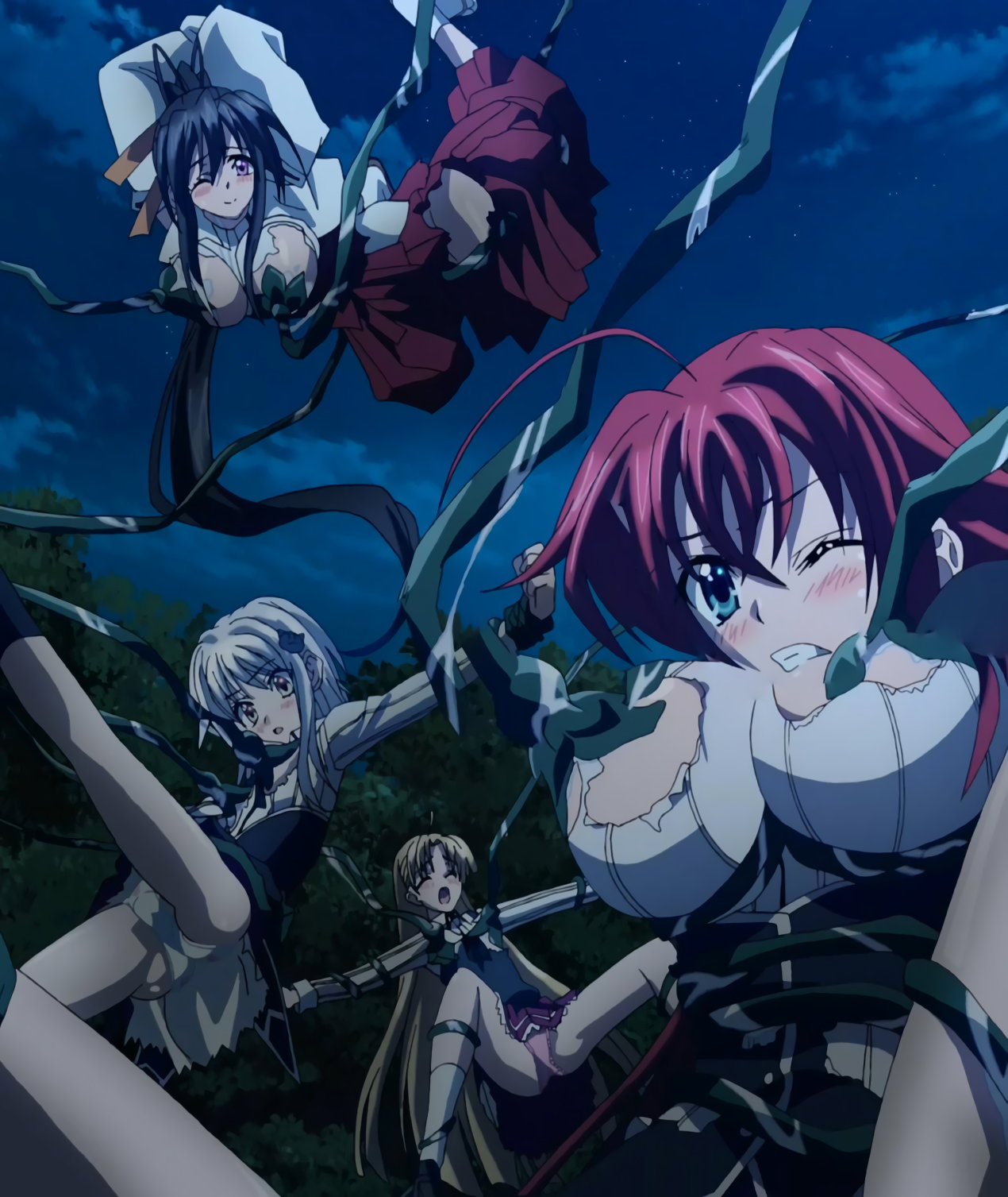 4girls akeno_himejima asia_argento bondage high_school_dxd koneko_toujou multiple_girls rias_gremory screencap stitched tentacles